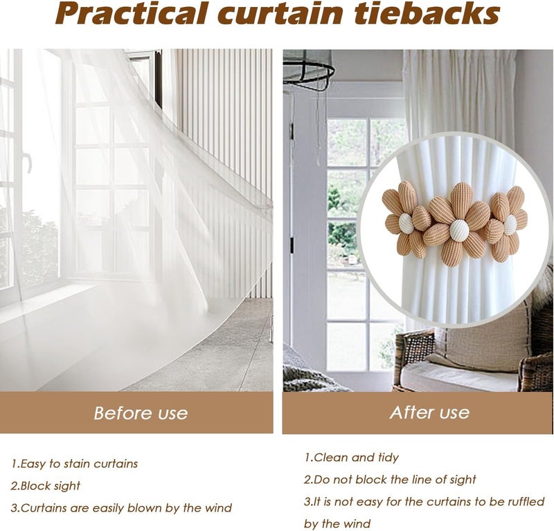 SRG Sunflower Curtain Tiebacks-2 Pack | Curtain Holdbacks with Three Flower | Curtain Tiebacks Boho | Japanese Curtain Ties | Cute Flower Curtain Ties Decorative for Bedroom Window Treatment （Khaki） - Image 4